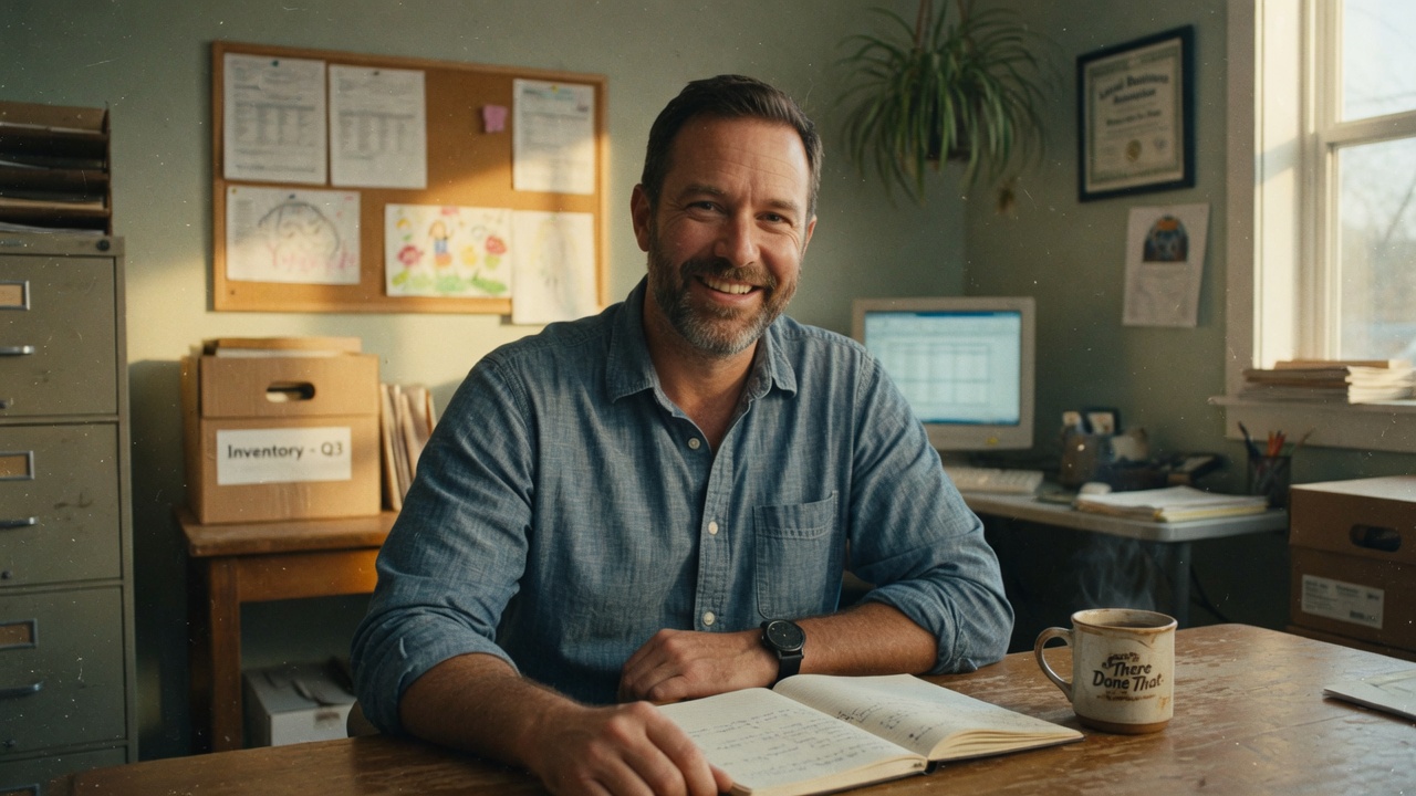 A small-business owner facing the camera, relaxed in his office.