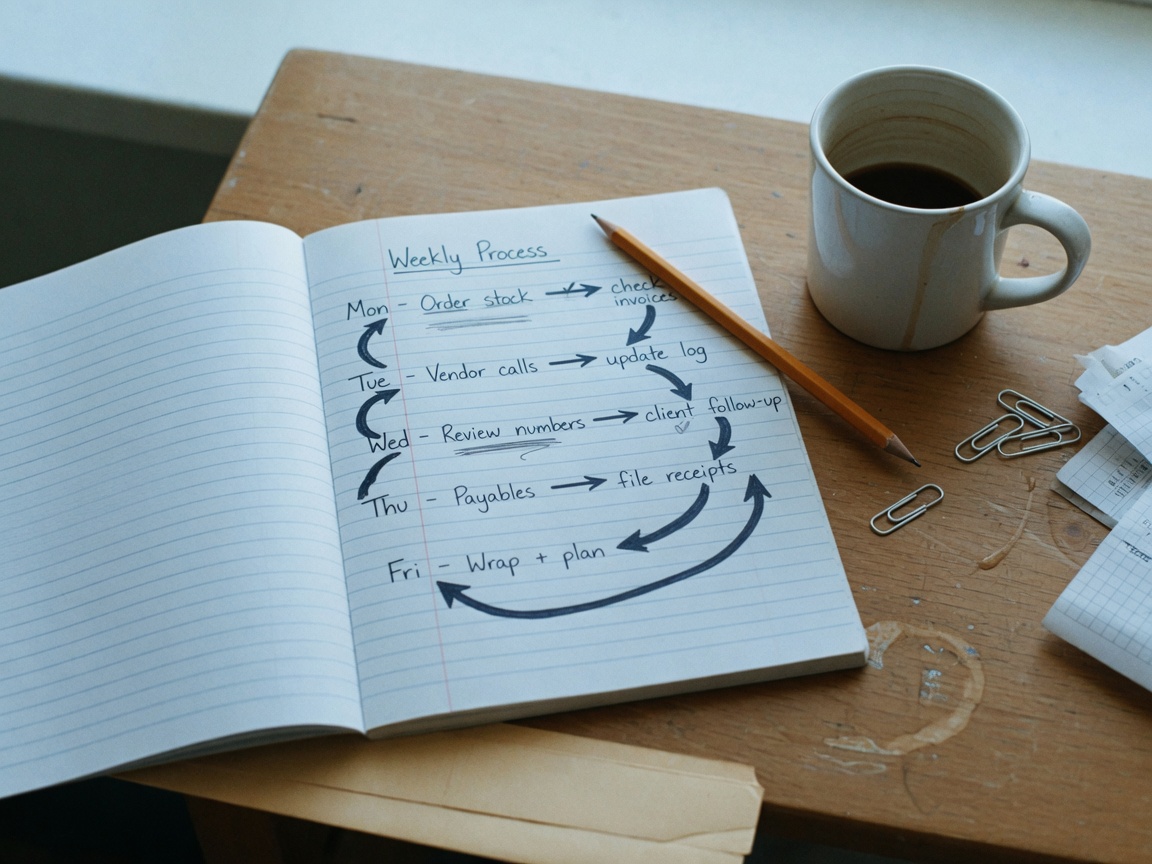 A notebook with a handwritten weekly process on a small-business desk.